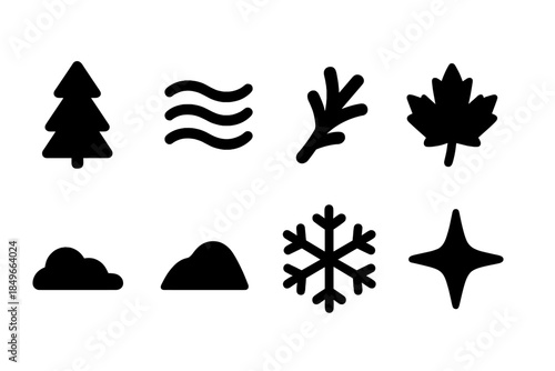 Foggy Woodland Icons. Foggy woodland. Filled icon set of foggy woodland: pine outline, fog wave, branch, frost