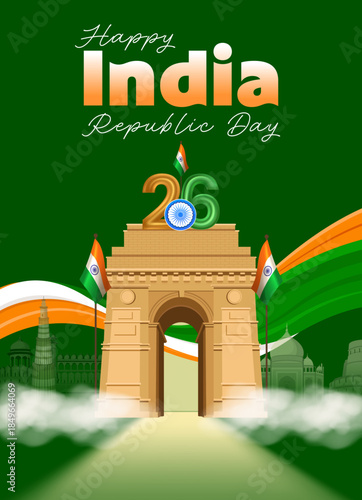 Happy India Republic Day Poster with India Gate Monument and Tricolor Wave Background