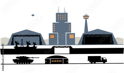 Landscape silhouette of military base scenery. Panoramic view of headquarter with military building and hangar. Vector illustration of scenic military bunker with tank and watchtower