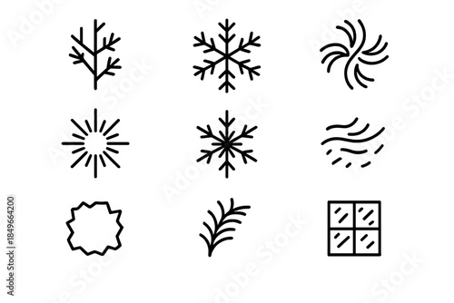 Icy Crystal Icon Grid. Icy crystalline patterns. Line outline icon set of Icy crystalline patterns: branching