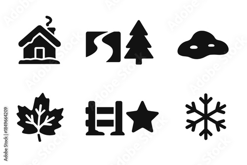 Winter Countryside Icons. Winter countryside scene. Filled icon set of winter countryside scene: cabin, snowy