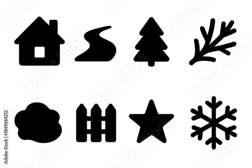 Rural Snow Icon Set. Rural snow path. Filled icon set of rural snow path: house shape, snowy road, pine