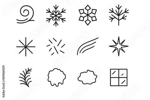 Winter Ice Icons. Winter ice formations. Line outline icon set of Winter ice formations: frost swirl,