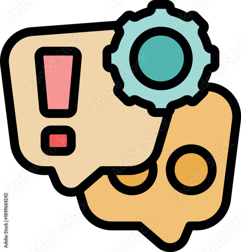Chatbots are exchanging messages and resolving issues, symbolized by a gear icon, in this colorful vector illustration