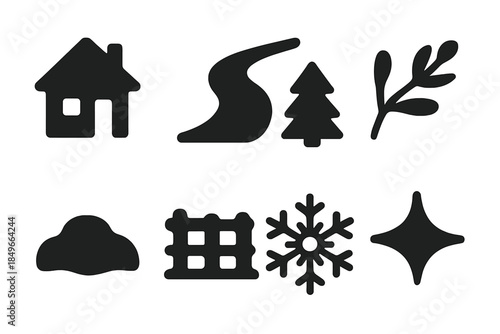Snowy Country Lane Icons. Country lane in snow. Filled icon set of country lane in snow: house, lane curve,