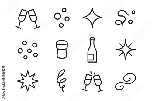 Sparkling Celebration Icons. Sparkling toast celebration. Line outline icon set of Sparkling toast celebration