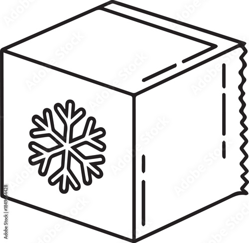 PrA clean, black-and-white line art icon of a 3D cube featuring a snowflake on its front face. This minimalist vector graphic represents cold storage, ice, or freezing temperatures.