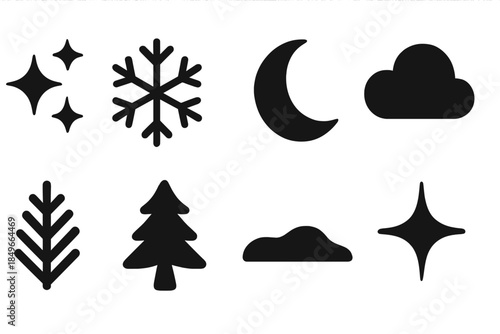 Winter Icon Collection. Winter stars & snow. Filled icon set of winter stars & snow: star cluster, snowflake,