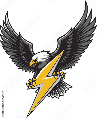 Bold black eagle with wings lifted high, clutching a jagged yellow lightning bolt against a light background for strong contrast. This thunder eagle emblem is ideal for security logos, biker patches