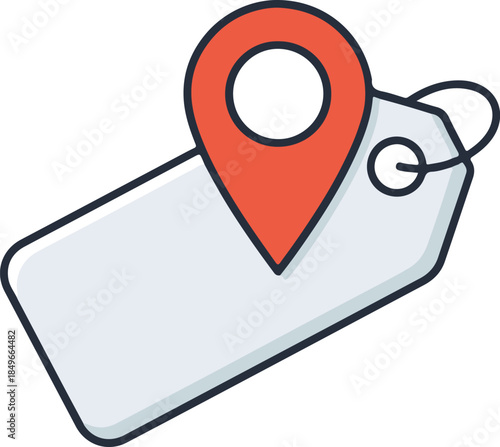 A clean vector illustration featuring a red map pin icon overlaid on a white price tag with a black outline. The design represents localized commerce or specific store locations.