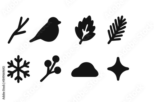 Winter Twig Icon Set. Winter twig icons. Filled icon set of winter twig icons: twig line, bird silhouette,