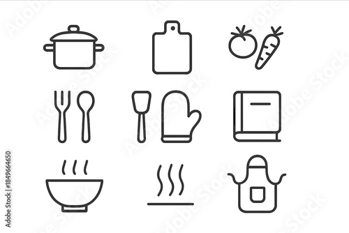 Kitchen Icon Set. Home kitchen moments. Line outline icon set of Home kitchen moments: pot, pan, cutting board