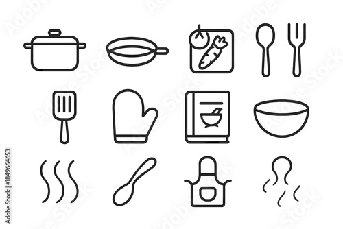 Kitchen Icon Set. Home kitchen moments. Line outline icon set of Home kitchen moments: pot, pan, cutting board