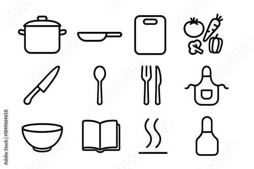 Dinner Prep Icons. Dinner preparation set. Line outline icon set of Dinner preparation set: pot, pan, cutting