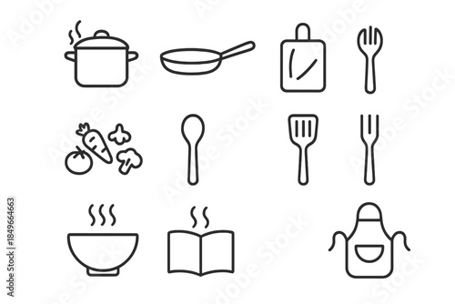 Home Cooking Essentials. Home dinner prep scene. Line outline icon set of Home dinner prep scene: pot, pan,