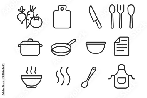 Family Cooking Icons. Family cooking rituals. Line outline icon set of Family cooking rituals: vegetables,