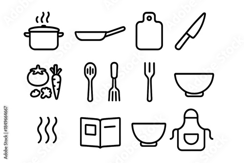 Home Cooking Essentials. Home dinner prep scene. Line outline icon set of Home dinner prep scene: pot, pan,