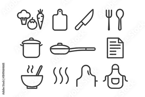 Family Cooking Icons. Family cooking rituals. Line outline icon set of Family cooking rituals: vegetables,