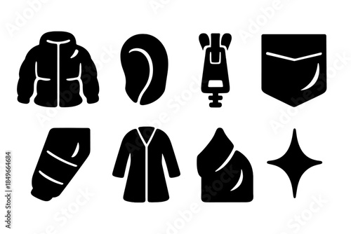 Metal Shine Icons. Metal shine apparel. Filled icon set of metal shine apparel: shiny jacket, hood arc, zipper