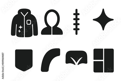 Glossy Outerwear Icons. Shiny outerwear. Filled icon set of shiny outerwear: glossy jacket, hood outline,