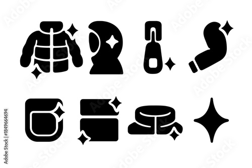 Shiny Winter Fashion Icons. Shiny winter fashion. Filled icon set of shiny winter fashion: glossy coat, hood