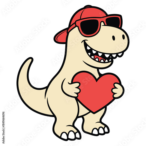 A hand drawn cartoon illustration of a cheerful Tyrannosaurus rex wearing a red baseball cap, red sunglasses. The T-Rex holds a red heart in its arms.