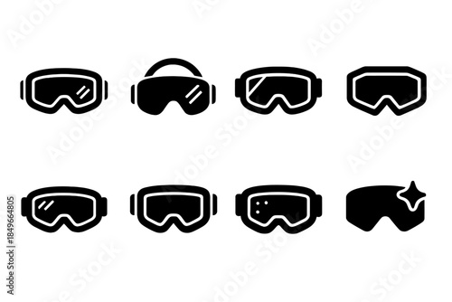 Ski Visor Icons. Ski visor innovations. Filled icon set of ski visor innovations: advanced goggles, strap arc,