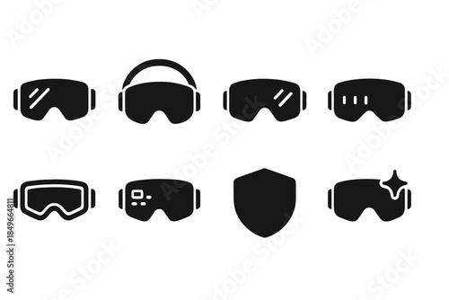 Ski Visor Icons. Ski visor innovations. Filled icon set of ski visor innovations: advanced goggles, strap arc,