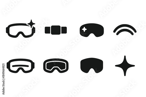 Ski Tech Icon Set. Ski tech accessories. Filled icon set of ski tech accessories: goggles icon, strap icon,
