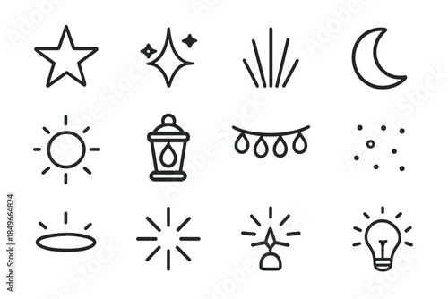 Nighttime Glow Icons. Nighttime glow icons. Line outline icon set of Nighttime glow icons: star, sparkle, beam