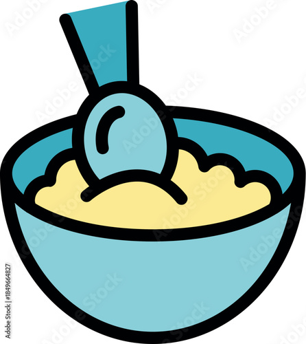 Simple and colorful vector illustration of a spoon picking mashed food from a bowl, perfect for representing baby food, purees, or other soft foods