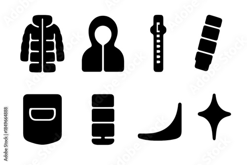 Winter Puffer Icons. Long winter puffers. Filled icon set of long winter puffers: puffer coat, hood, zipper,