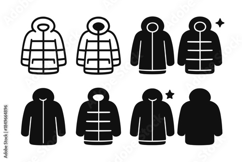 Minimal Padded Coat Icons. Minimal padded coats. Filled icon set of minimal padded coats: coat outline, hood