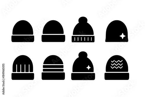 Beanie Icon Collection. Stylish winter beanies. Filled icon set of stylish winter beanies: stylish beanie,