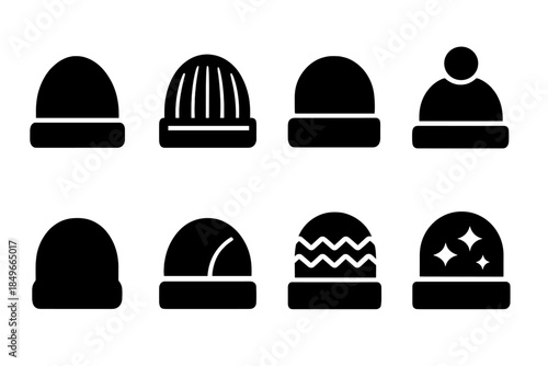 Modern Knit Hats Icons. Modern knit hats. Filled icon set of modern knit hats: knit beanie, rib stripe, folded