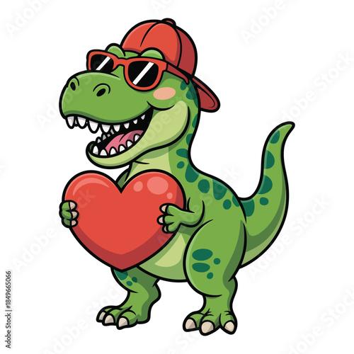 A hand drawn cartoon illustration of a cheerful Tyrannosaurus rex wearing a red baseball cap, red sunglasses. The T-Rex holds a red heart in its arms.