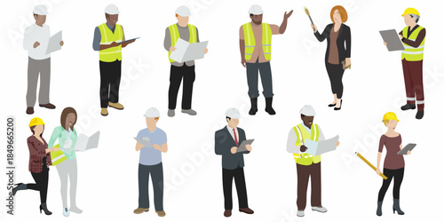 Diverse construction team members reviewing plans and collaborating on a project