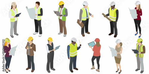Diverse construction workers reviewing plans and documents in a professional setting