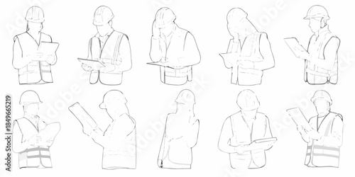 Line art illustration of construction workers in safety vests and helmets