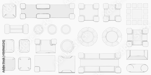 Overhead view of furniture arrangement plan with sofas tables and chairs