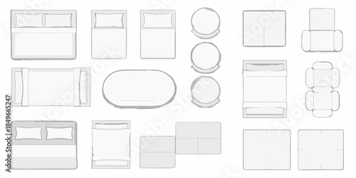 Overhead view of furniture arrangement including beds sofas and tables
