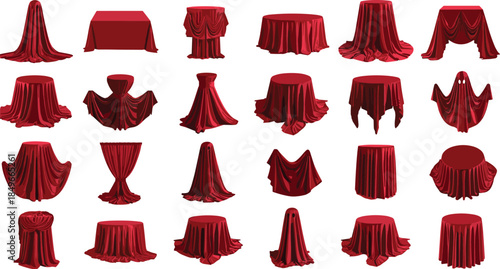 Red draped fabric table covers set, realistic cloth folds, velvet tablecloth illustrations, luxury event decoration, isolated white background, vector design