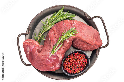 Quadro su tela Raw beef tenderloin and roast beef cut in metal pan with rosemary and peppercorns