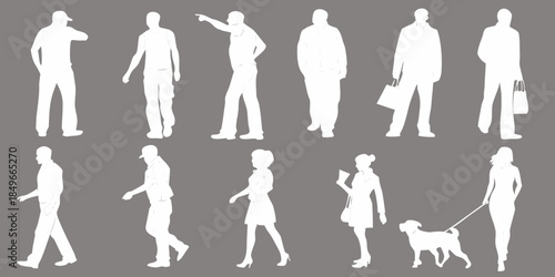 Silhouettes of diverse people walking pointing and interacting in a public space