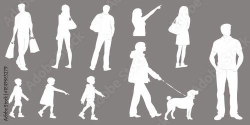 Silhouettes of diverse people and a dog in various everyday poses