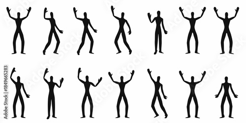 Stylized silhouettes of human figures with arms raised in various poses