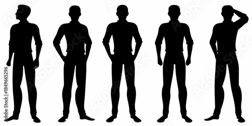 Silhouettes of five men standing in different poses against a white background