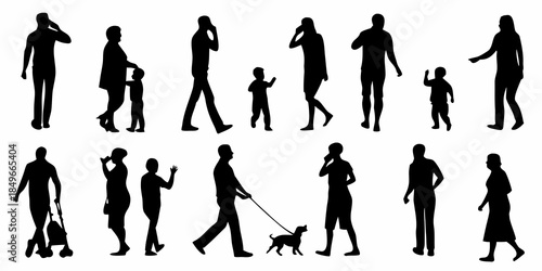 Silhouettes of people in various poses and activities walking and interacting