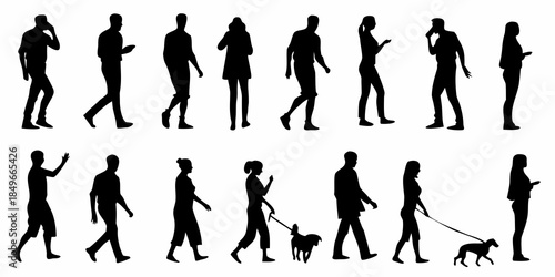 Diverse silhouettes of people and pets in various walking and standing poses