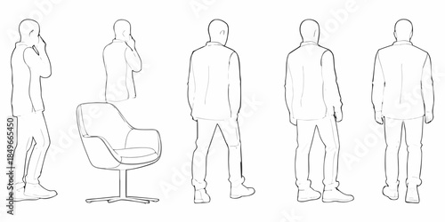 Line art illustration of men in suits and a modern office chair
